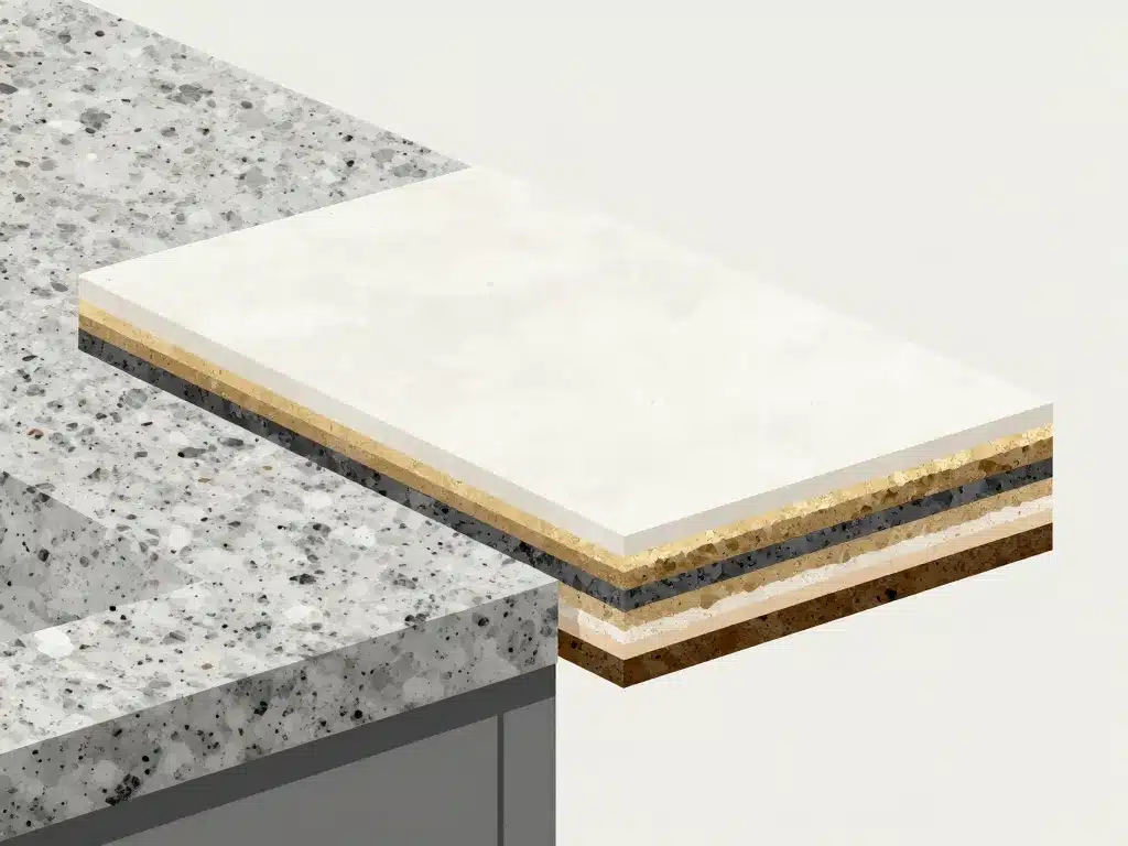 Schéma dekton plan de travail comparé à granite et stratifié