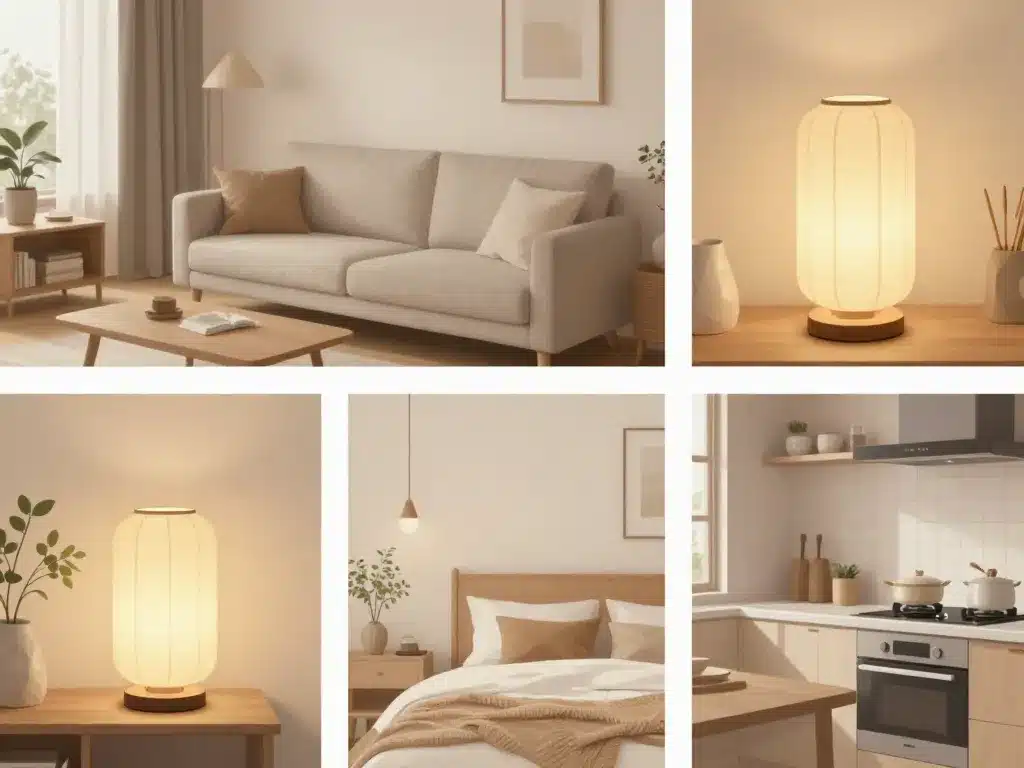 Lampe japonaise intégrée dans salon, chambre, cuisine