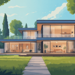 maison en l moderne illustrée dans un jardin verdoyant