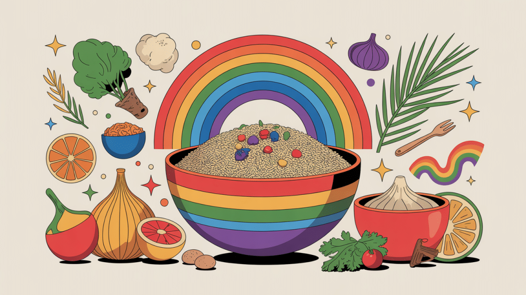 pride rice bol de riz arc-en-ciel et ingrédients colorés