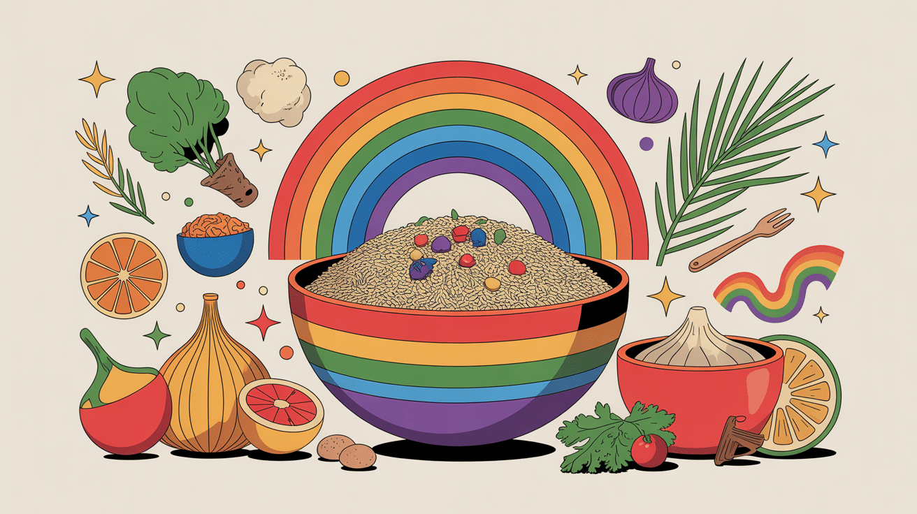 pride rice bol de riz arc-en-ciel et ingrédients colorés