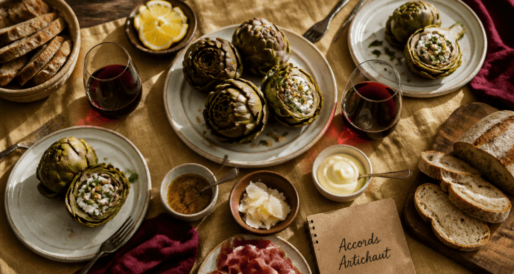Accompagnement artichaut table rustique sauces et protéines