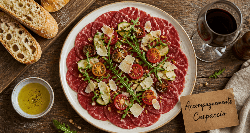 Accompagnement carpaccio de boeuf avec roquette, parmesan et pain