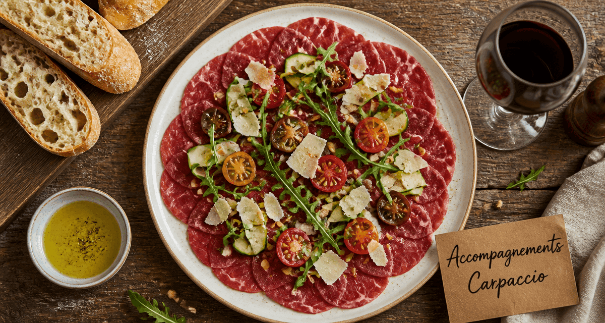 Accompagnement carpaccio de boeuf avec roquette, parmesan et pain