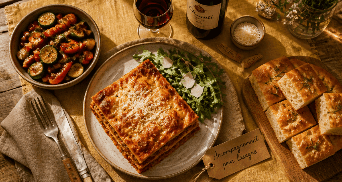 accompagnement pour lasagne avec salade, légumes rôtis et focaccia