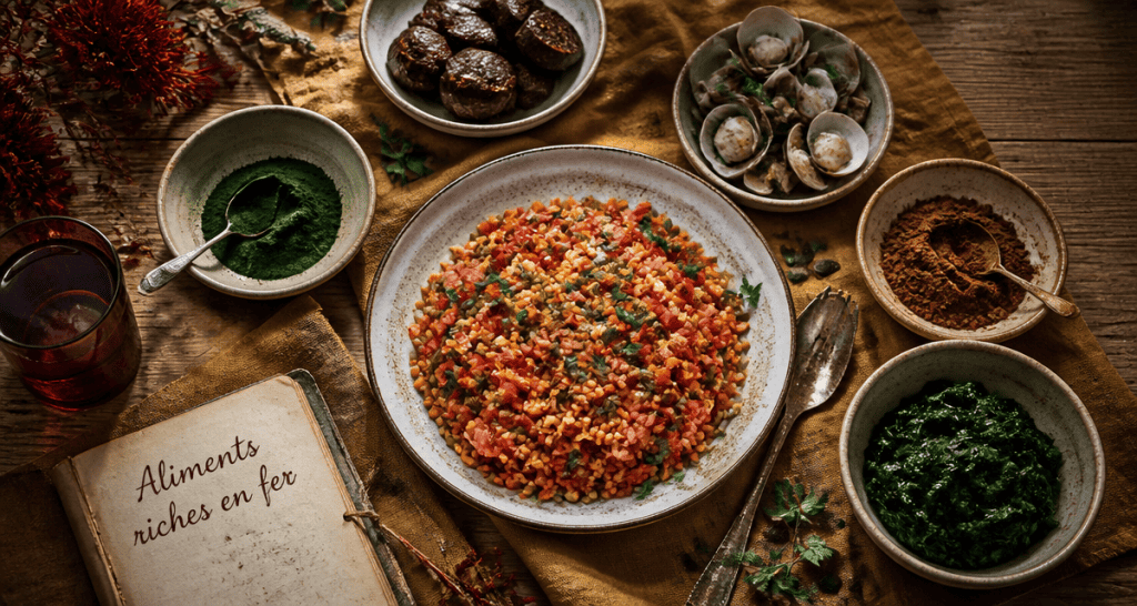 aliment riche en fer anemie, salade lentilles et aliments variés sur table rustique