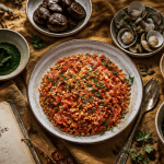 aliment riche en fer anemie, salade lentilles et aliments variés sur table rustique