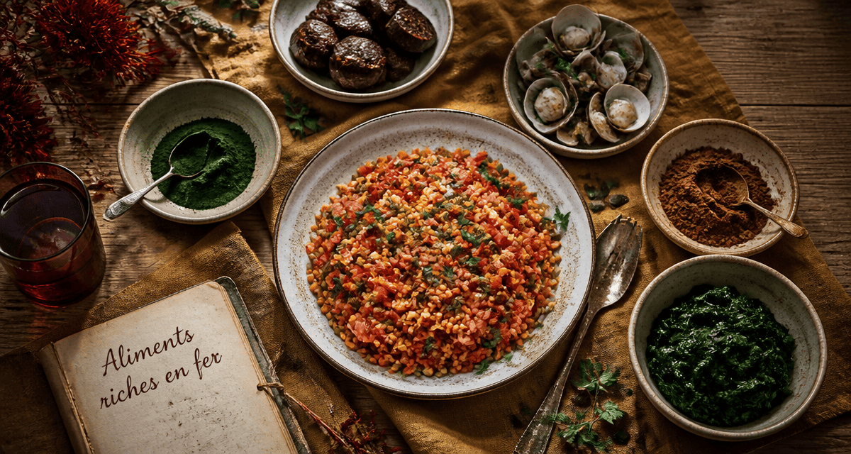 aliment riche en fer anemie, salade lentilles et aliments variés sur table rustique