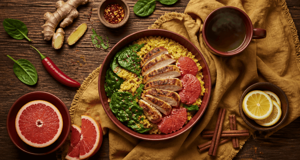 aliments brûle graisse naturels en flat lay