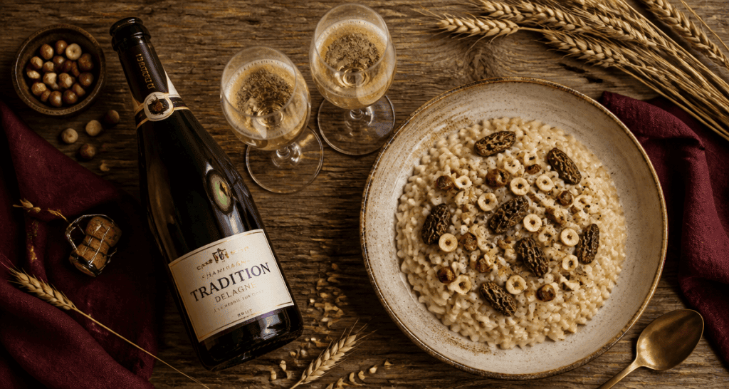 champagne tradition de delagne et risotto morilles