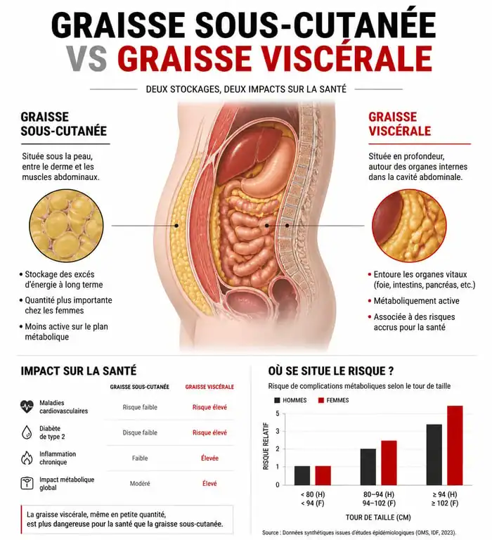 Infographie expliquant la différence entre graisse sous-cutanée et graisse viscérale pour maigrir du ventre