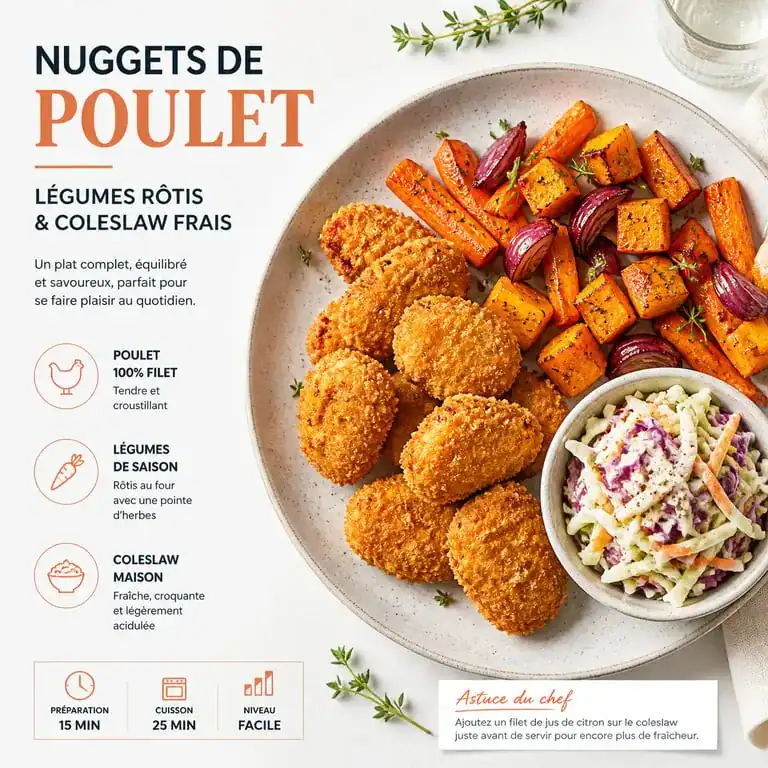 Assiette gourmande de nuggets de poulet maison avec accompagnement de légumes rôtis et coleslaw