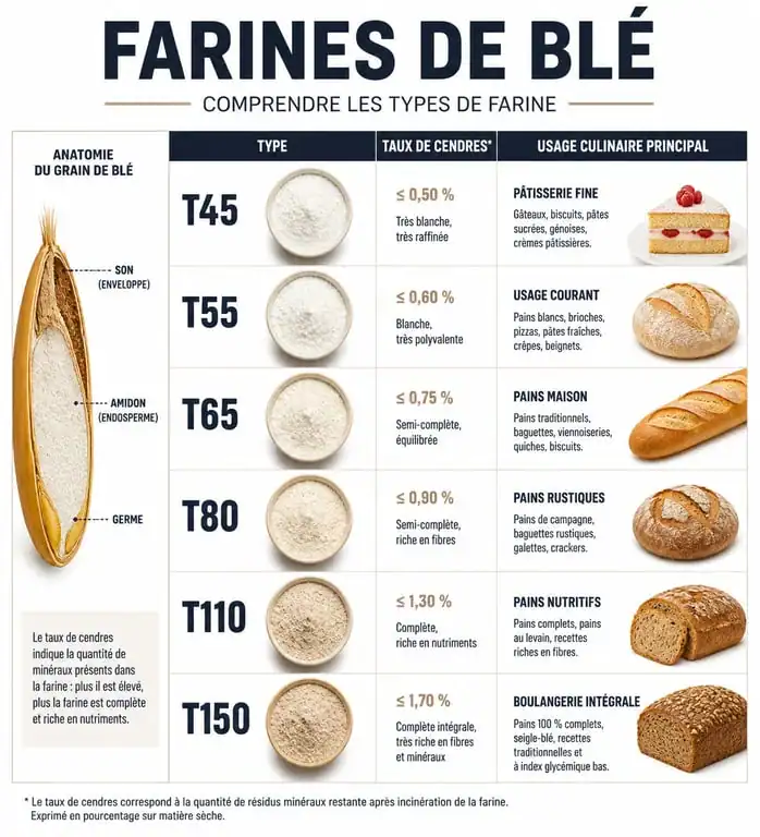 Comparatif des types de farine T45 à T150 et leurs utilisations culinaires