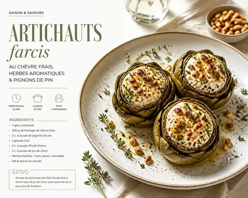 Artichauts farcis au chèvre frais et herbes, une idée d'accompagnement artichaut raffinée.