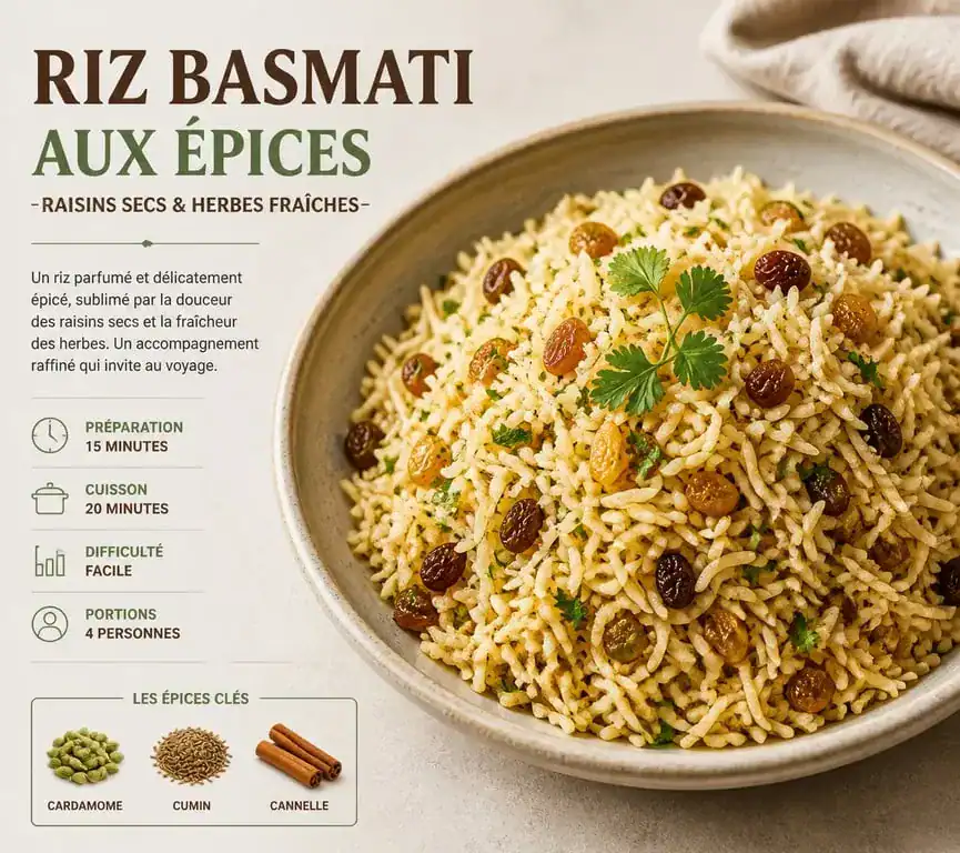 Riz en accompagnement recette : riz basmati aux épices et raisins secs dans une assiette élégante