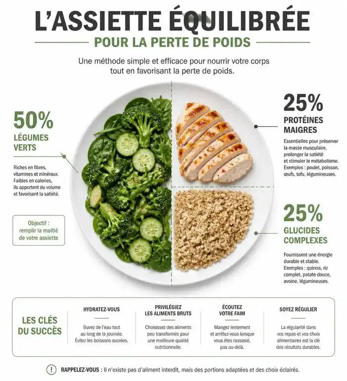 Infographie sur la composition d'une assiette équilibrée pour savoir quoi manger en régime