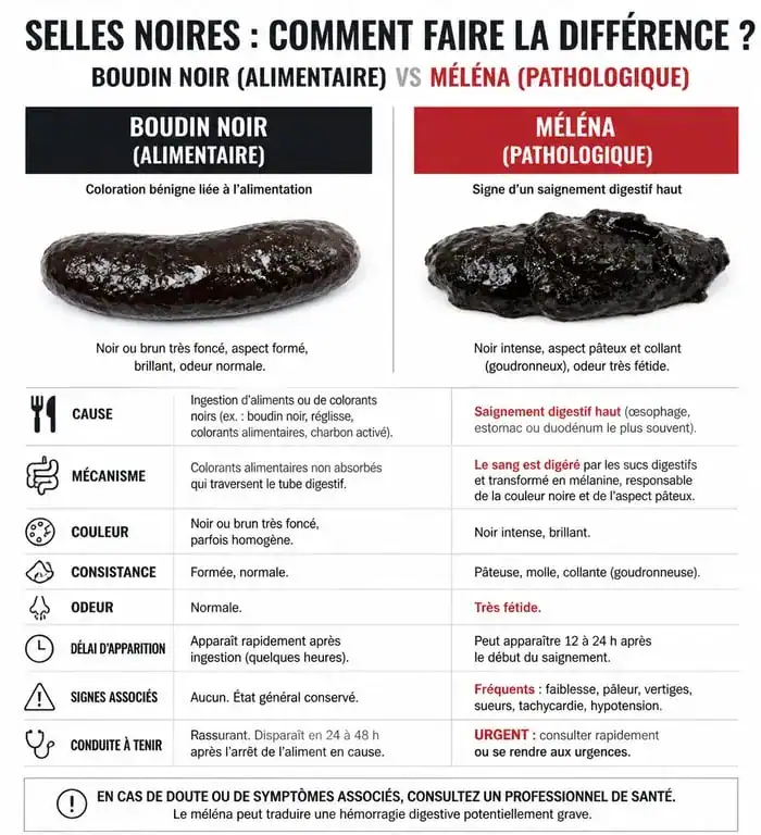 Infographie comparative : selles noires alimentaires dues au boudin noir vs méléna pathologique