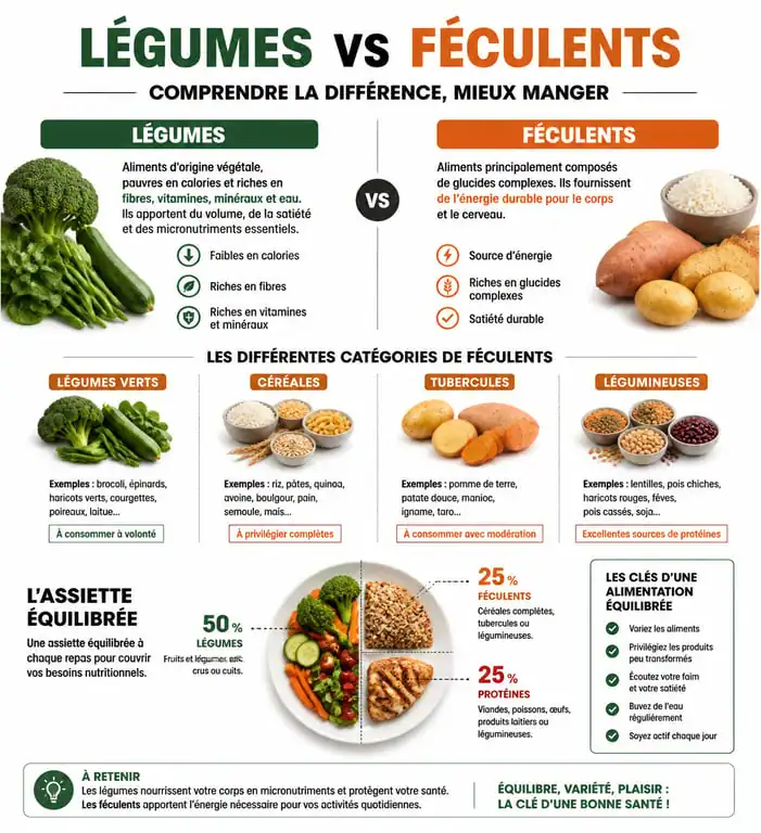 Infographie comparative : légumes vs féculents pour une alimentation équilibrée
