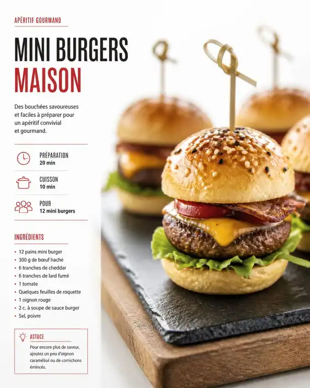 Assortiment de mini burgers apéro maison dressés sur une planche en bois