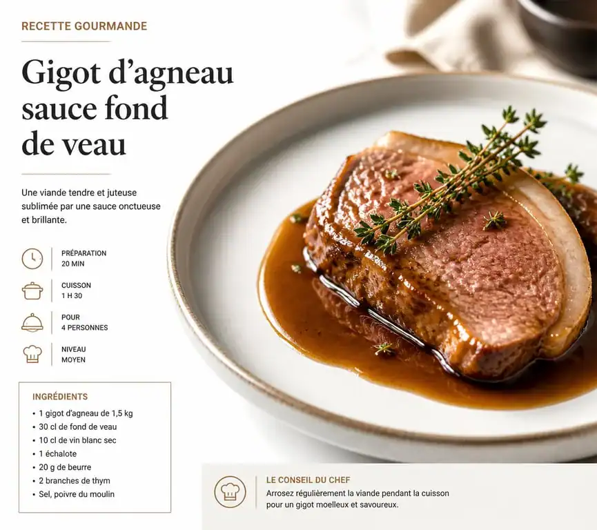 Gigot d'agneau nappé d'une sauce onctueuse au fond de veau