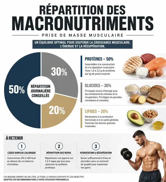 Infographie sur la répartition des macronutriments pour une prise de masse efficace