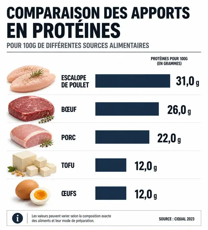 Comparatif des apports en protéines pour 100g de différentes sources alimentaires incluant l'escalope de poulet