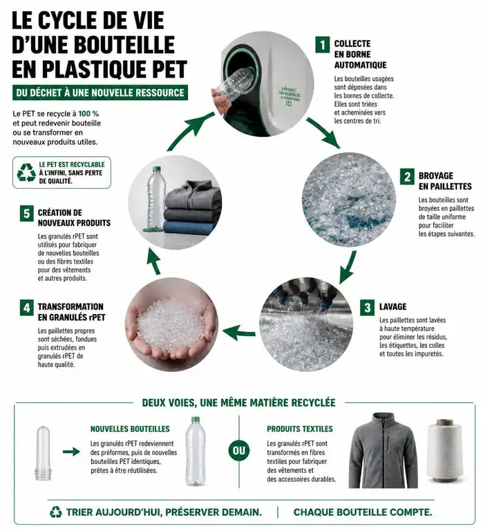 Infographie du cycle de recyclage des bouteilles en plastique PET