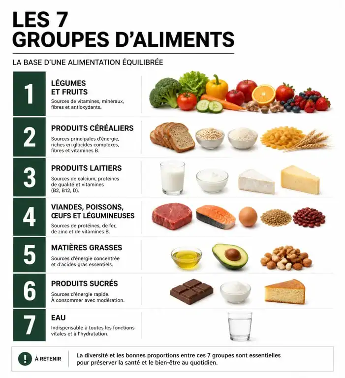 Infographie des 7 groupes d'aliments et leurs apports nutritionnels