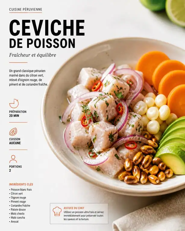 Ceviche de poisson frais avec ses accompagnements traditionnels : patate douce, maïs et avocat