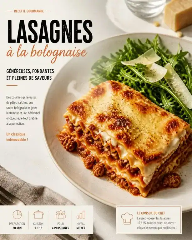 Assiette de lasagnes à la bolognaise avec accompagnement de salade de roquette pour un repas italien équilibré
