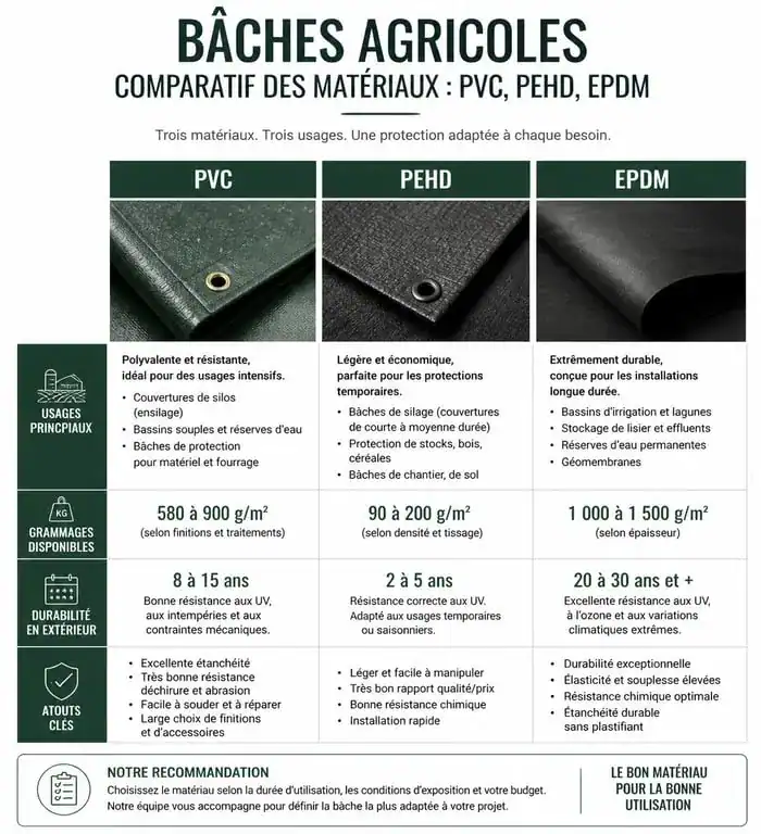 Infographie comparative des matériaux pour bâches agricoles : PVC, PEHD et EPDM