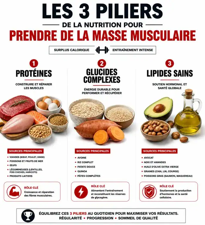 Infographie des piliers nutritionnels pour la prise de masse musculaire : protéines, glucides et lipides
