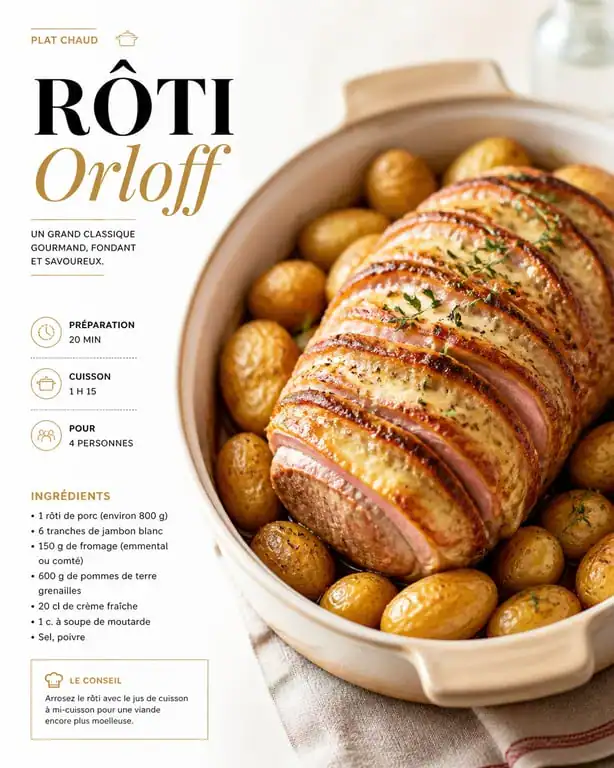 Rôti Orloff cuit au four avec pommes de terre grenailles
