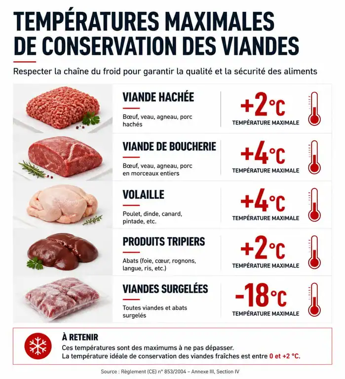 Infographie des températures réglementaires de la chaîne du froid pour la viande