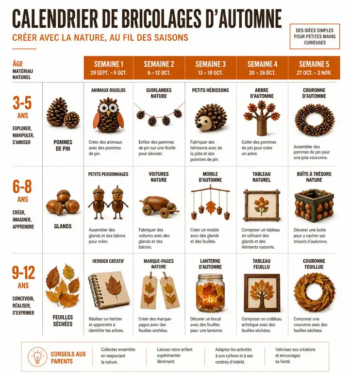 Infographie calendrier des activités manuelles d'automne pour enfants