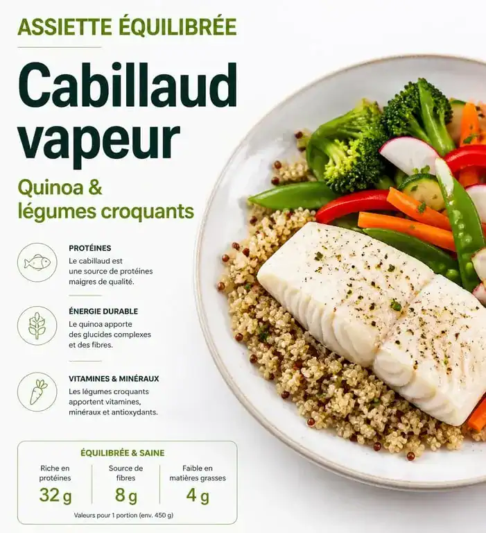 Exemple de plat sain pour un menu semaine sans graisse avec poisson et légumes