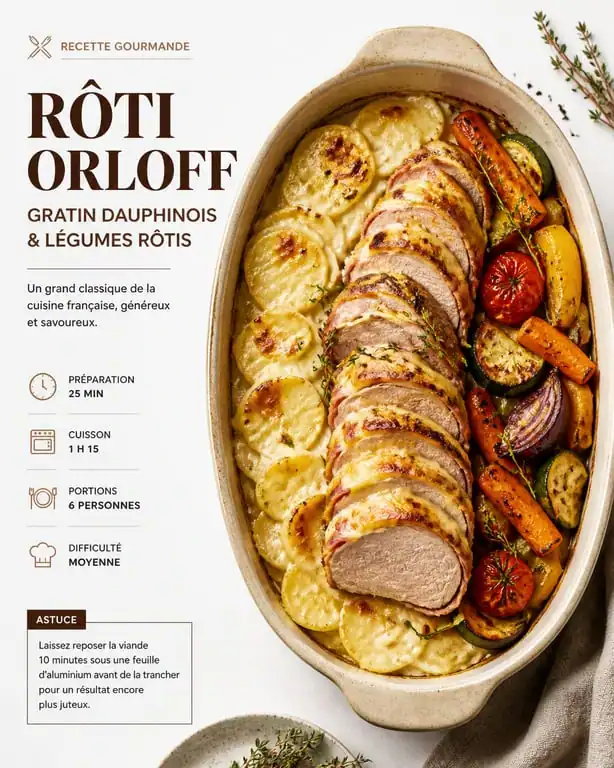 Rôti Orloff accompagné de gratin dauphinois et légumes rôtis