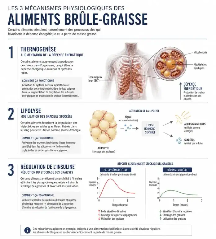 Infographie explicative des mécanismes des aliments brûle-graisse sur le métabolisme