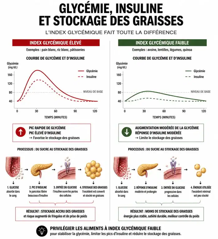 Infographie sur l'impact de l'index glycémique sur la glycémie et le stockage des graisses