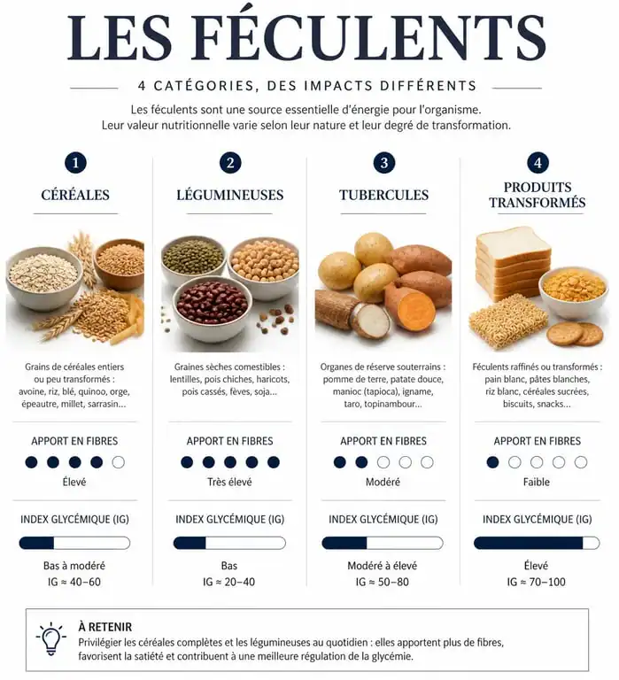 Infographie sur les 4 catégories de féculents et leurs bienfaits nutritionnels