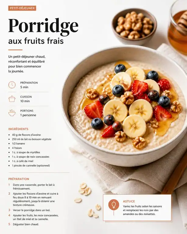 Bol de porridge maison garni de fruits frais et de noix pour une recette de porridge saine et gourmande