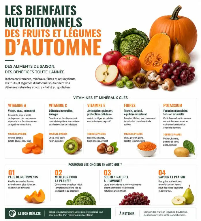 Infographie sur les bienfaits nutritionnels des fruits et légumes d'automne