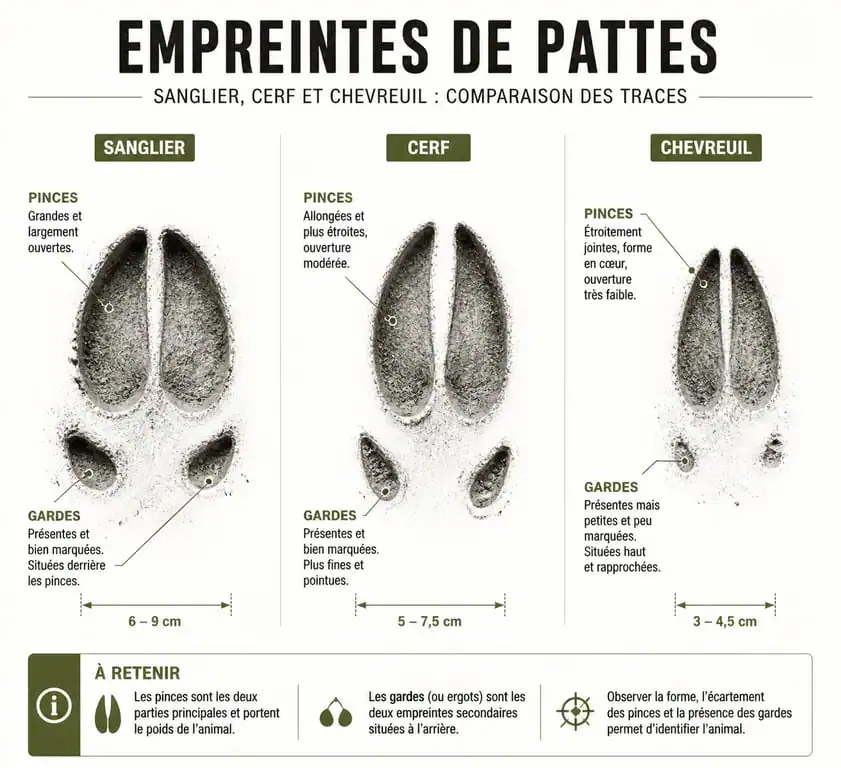 Comparatif visuel des traces de sanglier, cerf et chevreuil pour identification en forêt