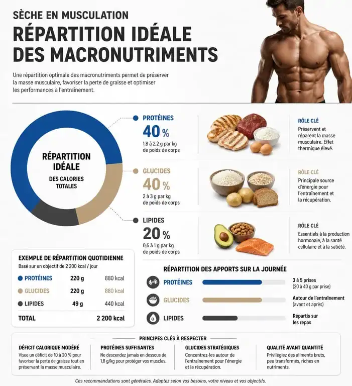 Infographie sur la répartition des macronutriments pour une sèche en musculation