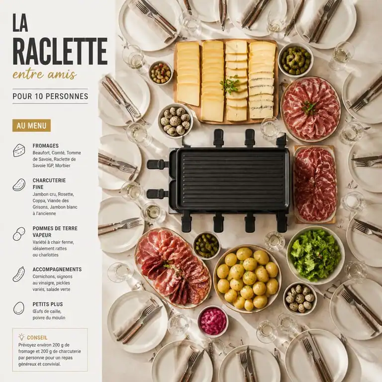 Plateau de raclette gourmand et varié pour 10 personnes avec fromage, charcuterie et pommes de terre