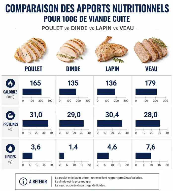 Infographie comparative des apports nutritionnels des viandes blanches pour un régime