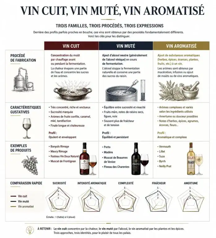 Infographie comparative des différences entre vin cuit, vin muté et vin aromatisé pour l'apéritif français