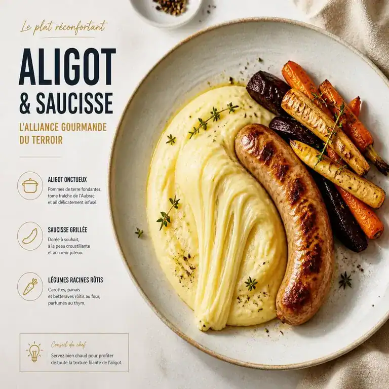 Assiette d'aligot avec saucisse et légumes, l'accompagnement idéal pour un repas traditionnel.