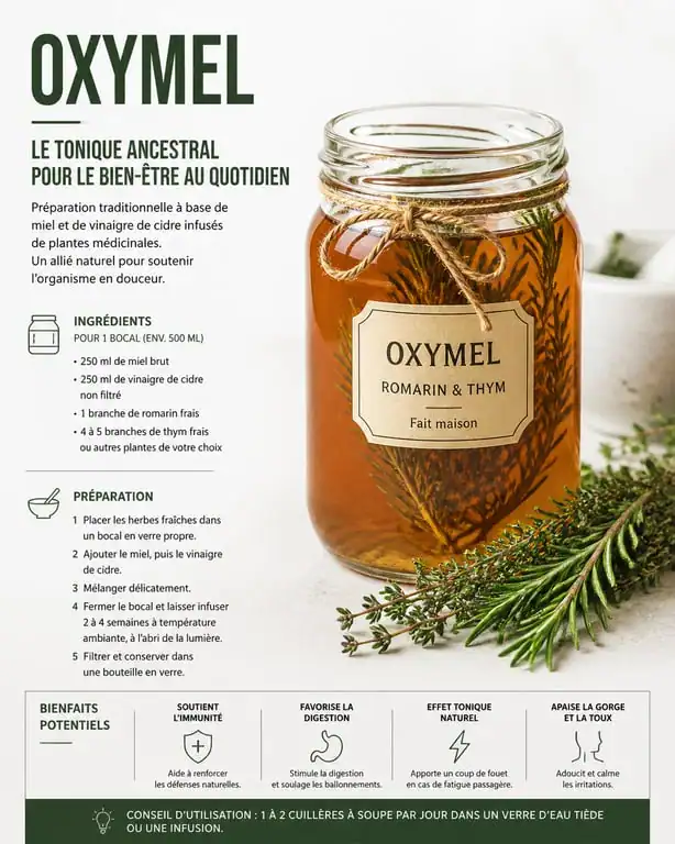 Bocal en verre contenant une préparation d'oxymel maison avec des herbes médicinales, recette d'oxymel traditionnel.
