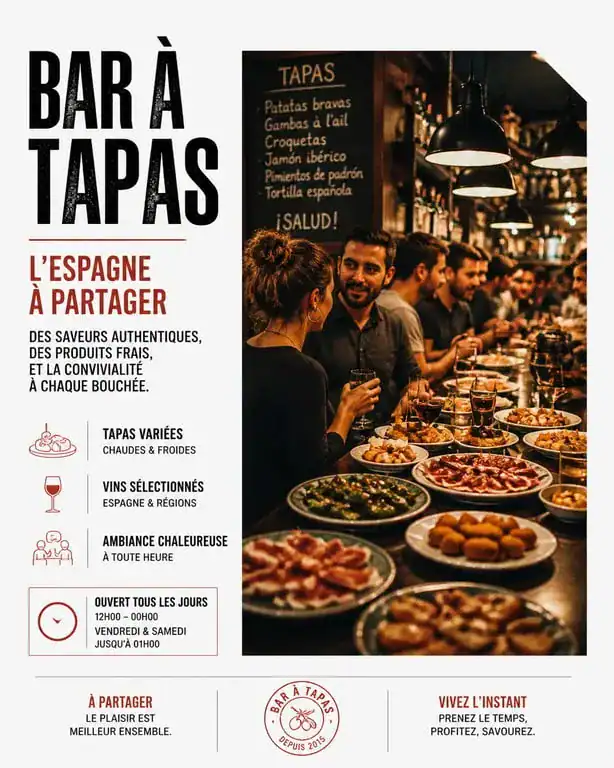 Ambiance conviviale dans un bar à tapas traditionnel avec comptoir et assiettes variées
